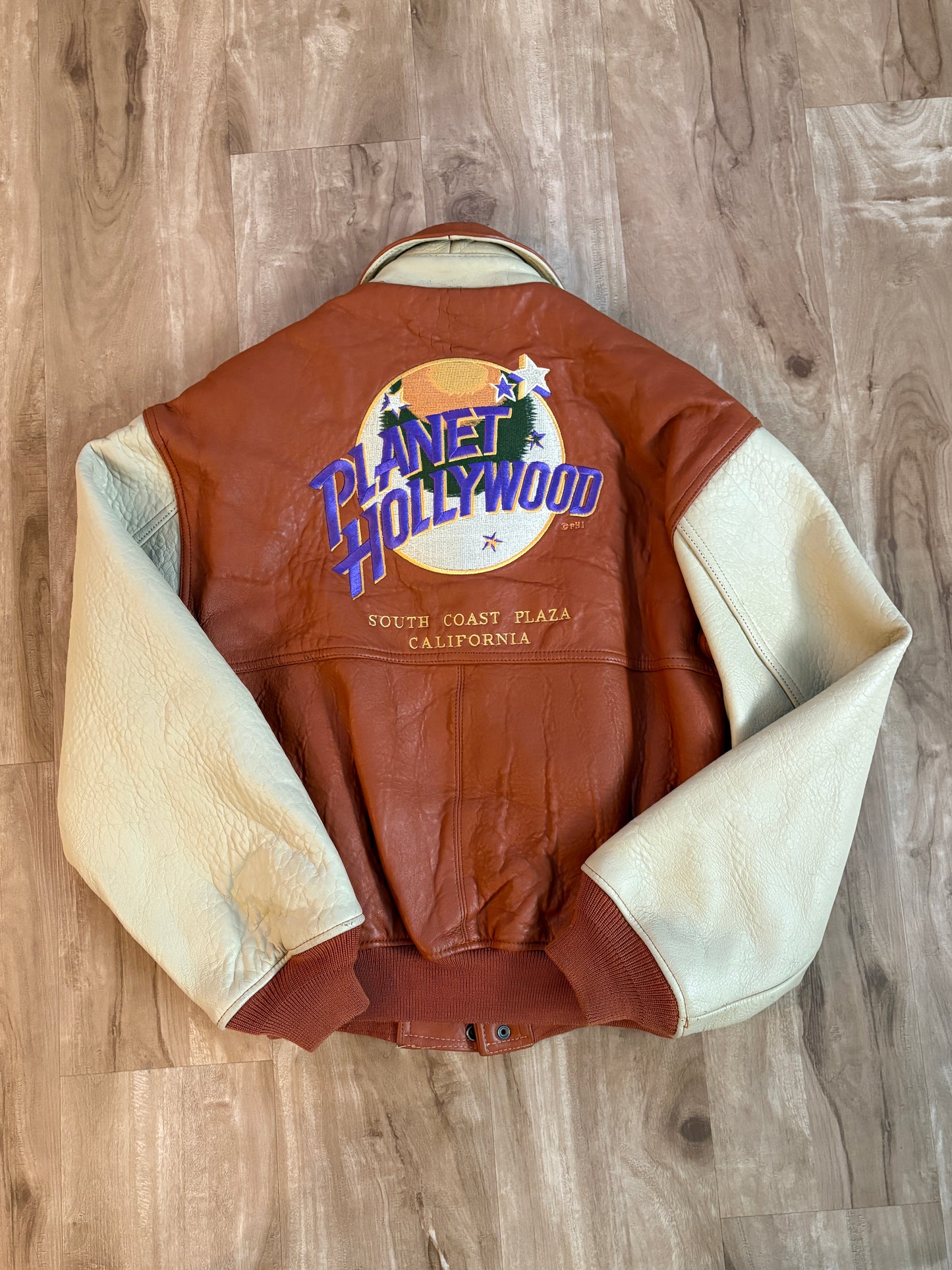 Vintage 1990 Planet Hollywood South Coast Plaza California Genuine Leather Zip Up Jacket
